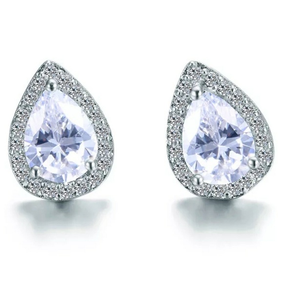 White Gold Pear Tear Drop Diamond Halo Earrings - Picture 3 of 9